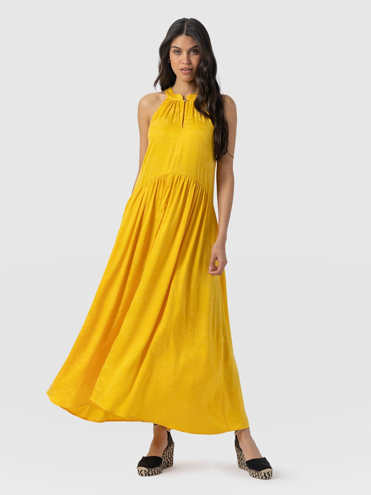Zoey Halter Neck Dress - Yellow Jacquard